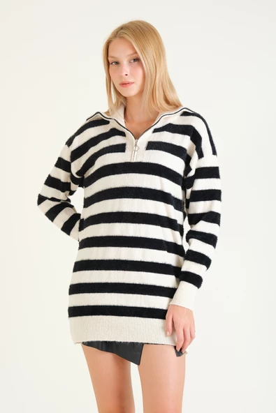 Kadın Çizgili Yarım Fermuarlı Tüylü Tunik Ekru