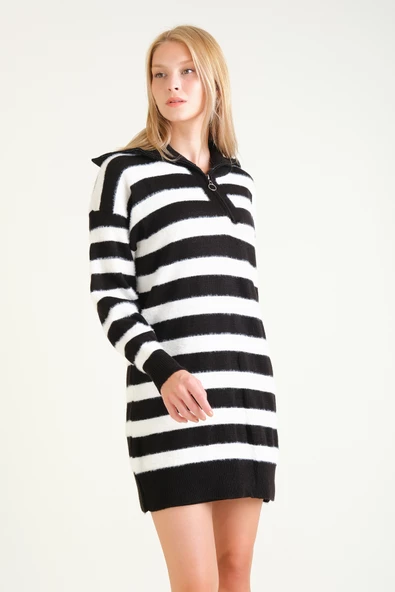 Kadın Çizgili Yarım Fermuarlı Tüylü Tunik Siyah - 3