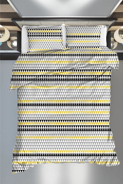 Çift Kişilik  Nevresim Seti Baskılı  Üçgen Sarı Gri %100 Pamuk Ranforce Kumaş