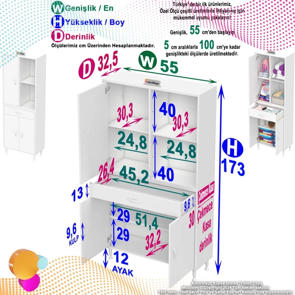 Modilayn YENİ AFRA 55x173x32,5 cm 1 Çekmece 4 Kapak 3 Raf 6 Bölme Çok Amaçlı Banyo & Mutfak Dolabı  - 4