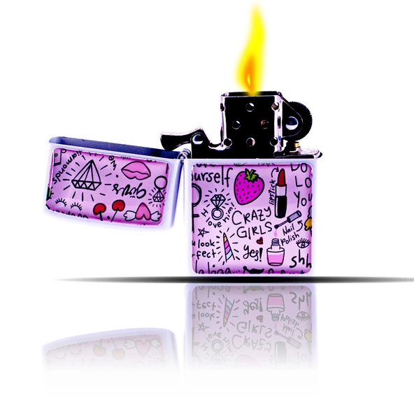 Girl Power Crazy Karalama Desenli Beyaz Zippo Tarzı Benzinli Çakmak