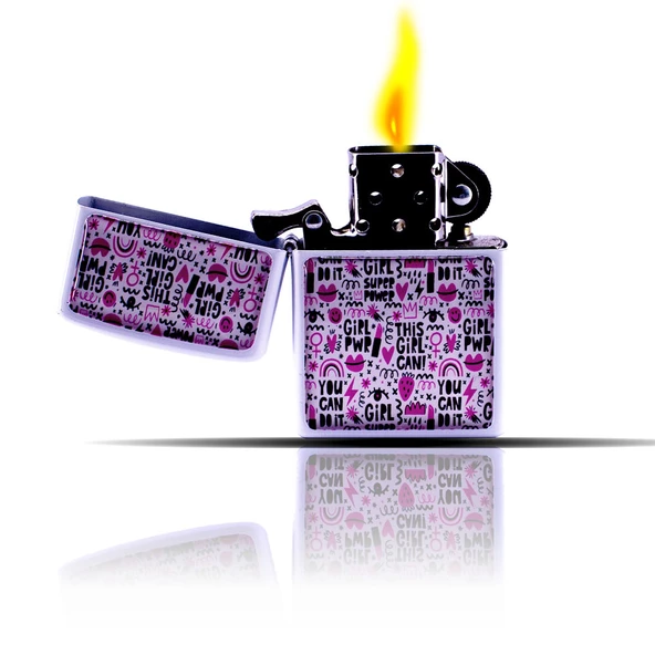 Girl Power Karalama Desenli Beyaz Zippo Tarzı Benzinli Çakmak