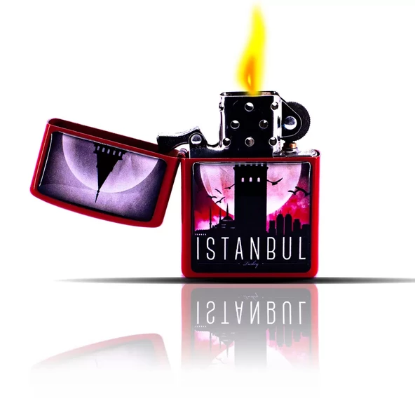 İstanbul Temalı Kırmızı Zippo Tarzı Benzinli Çakmak