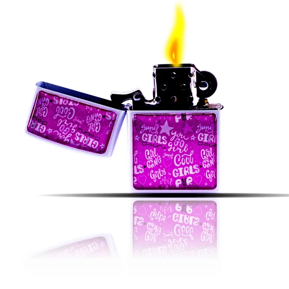 Girl Power Karalama Desenli Pembe Beyaz Zippo Tarzı Benzinli Çakmak