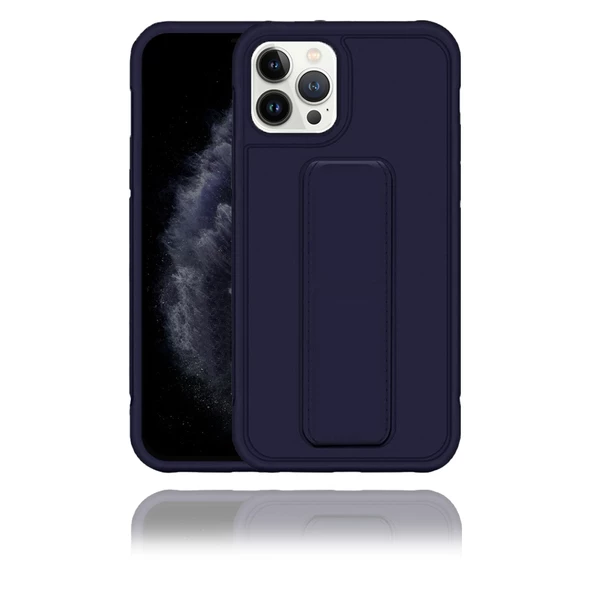 Apple IPhone 13 Pro Uyumlu Mat Lacivert Yumuşak Silikon Standlı Tutacaklı (Tutamaçlı) Telefon Kılıfı - 1