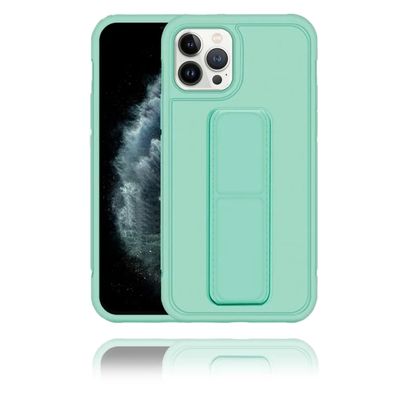 Apple IPhone 13 Pro Uyumlu Mat Turkuaz Yumuşak Silikon Standlı Tutacaklı (Tutamaçlı) Telefon Kılıfı - 1