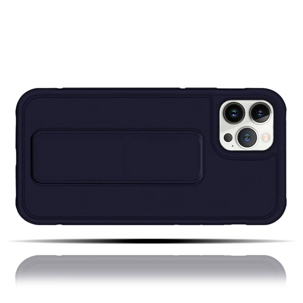 Apple IPhone 14 Pro Uyumlu Mat Lacivert Yumuşak Silikon Standlı Tutacaklı (Tutamaçlı) Telefon Kılıfı - 2
