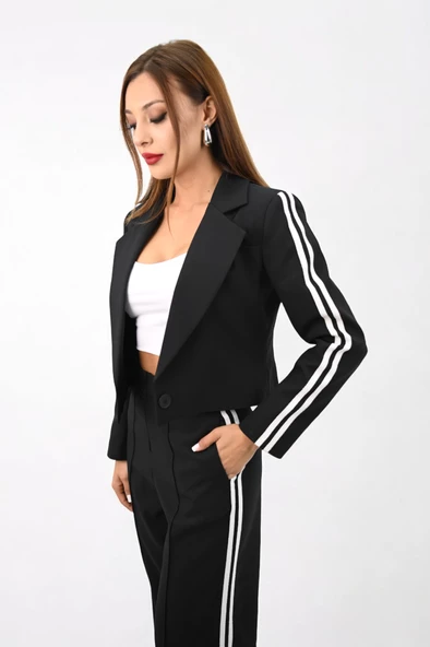 Kadın Şerit Detaylı Tek Düğmeli Ceket Takım 9006-25 - 7