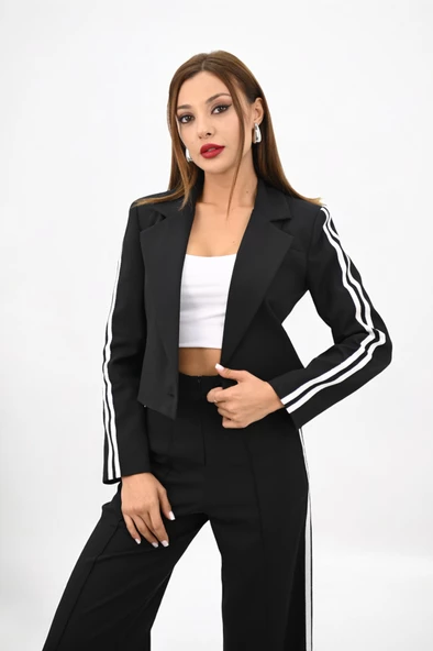 Kadın Şerit Detaylı Tek Düğmeli Ceket Takım 9006-25 - 6