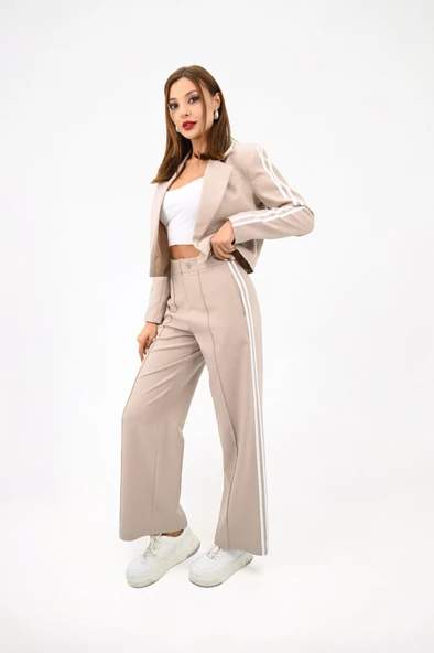 Kadın Şerit Detaylı Tek Düğmeli Ceket Takım 9006-25 - 11