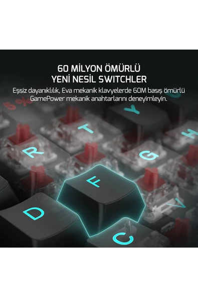 GamePower Eva 5 60m Mekanik Red Switch Türkçe Q 88 Tuş Usb Gaming Klavye - 3 Yıl Garantili - 4