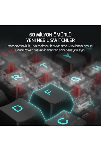 GamePower Eva 5 60m Mekanik Blue Switch Türkçe Q 88 Tuş Usb Gaming Klavye - 3 Yıl Garantili - 4