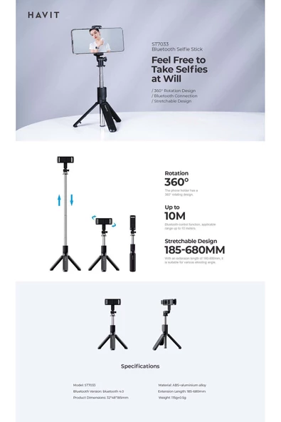 Havit ST7033 Bluetooth Kumandalı Selfie Çubuğu - 7