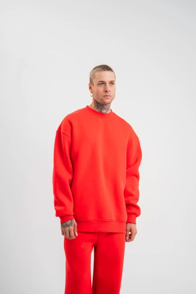 Uzun Kol Bisiklet Yaka Basic SweatShirt - Kırmızı