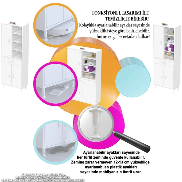 Modilayn AFRA 55x173x32,5 cm 1 Çekmece 3 Kapak 7 Raf 10 Bölme Çok Amaçlı Banyo & Mutfak Dolabı - 6