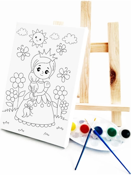 Rapunzel Çocuk Ressam Seti 20 x 30 cm Ön Çizimli Tuval 2 Adet Fırça Palet Boyalar ve Şövale