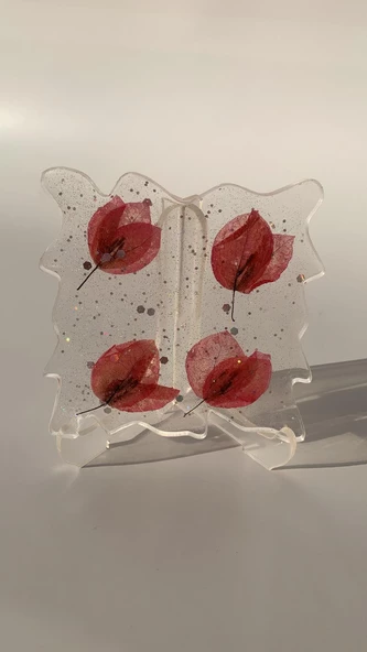 Şeffaf Epoksi İçinde Gümüş Glitter ve Pembe Begonvilli Dalgalı Kare Bardak Altlığı El Yapımı - 5