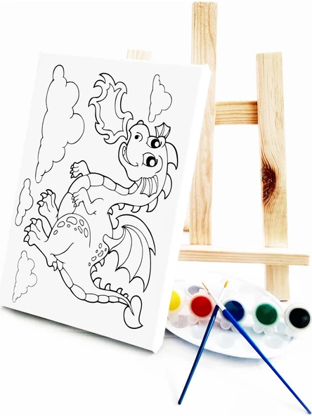 Ejderha Çocuk Ressam Seti - 20 x 30 cm Önçizimli Tuval, 2 Adet Fırça, Palet, Boyalar ve Şövale - 2