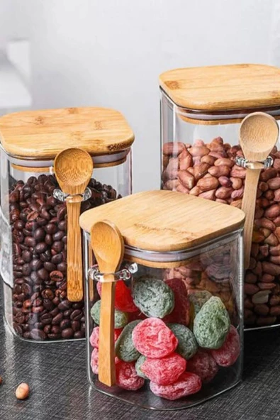 1 Adet Bambu Kapaklı Kaşıklı  Cam Kavanoz 450 ml - 2