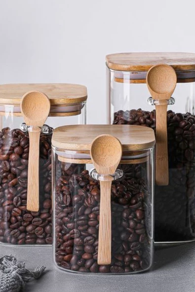 1 Adet Bambu Kapaklı Kaşıklı  Cam Kavanoz 450 ml