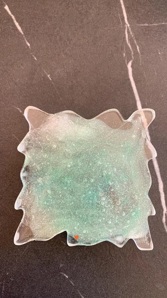 Soft Sarı Renkli Ve Yeşil Sim Süslü Dalgalı Kare Şekil Epoksi Bardak Altlığı El Yapımı Hediyelik - 2