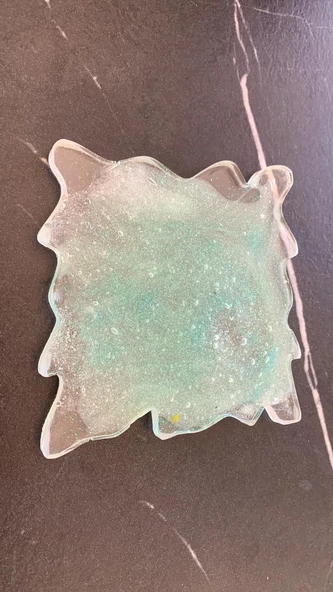 Soft Sarı Renkli Ve Yeşil Sim Süslü Dalgalı Kare Şekil Epoksi Bardak Altlığı El Yapımı Hediyelik - 4