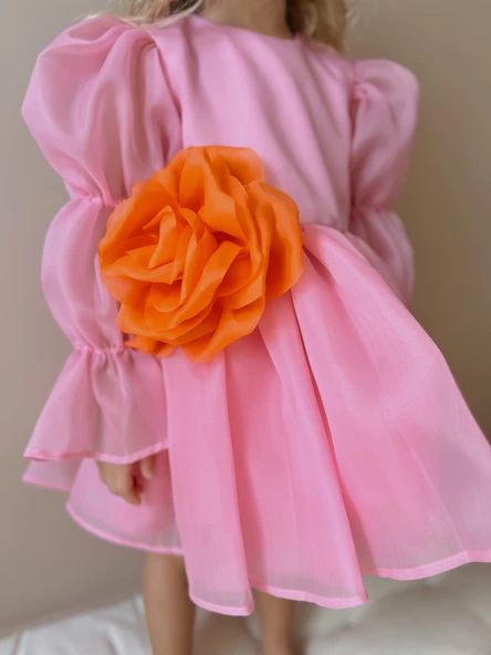 Rose Pembe Şifon Kız Çocuk Parti Elbisesi - 3