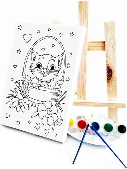 Sepetteki Kedi Çocuk Ressam Seti - 20 x 30 cm Önçizimli Tuval, 2 Adt Fırça, Palet, Boyalar ve Şövale - 2