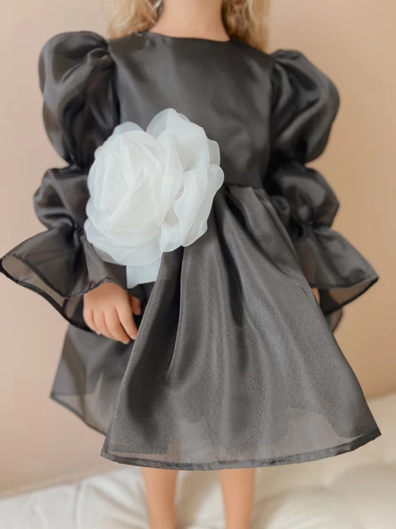 Rose  Siyah Şifon Kız Çocuk Parti Elbisesi - 2