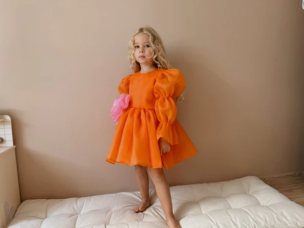 Rose Oranj Şifon Kız Çocuk Parti Elbisesi - 3