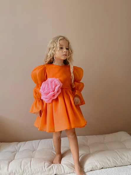 Rose Oranj Şifon Kız Çocuk Parti Elbisesi