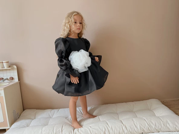 Rose  Siyah Şifon Kız Çocuk Parti Elbisesi - 4