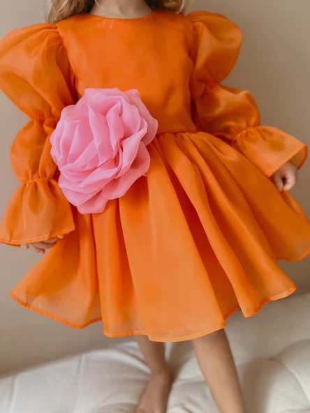 Rose Oranj Şifon Kız Çocuk Parti Elbisesi - 2