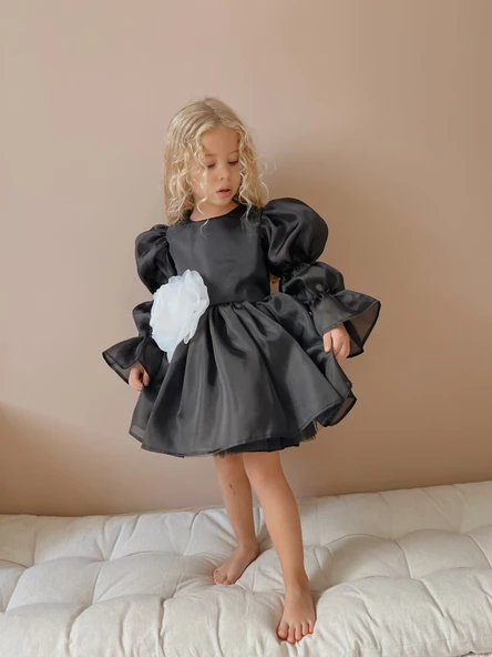 Rose  Siyah Şifon Kız Çocuk Parti Elbisesi - 3