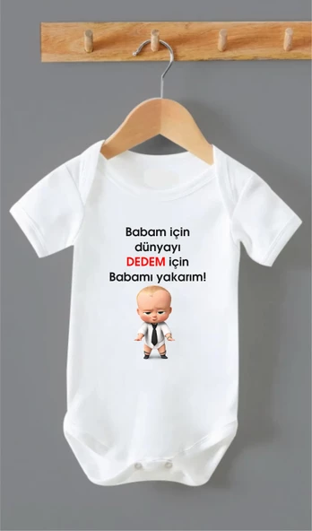 Organik %100 Pamuk Babam için Dünyayı Dedem için Babamı Yakarım Bebek Body Zıbın ZBN0146