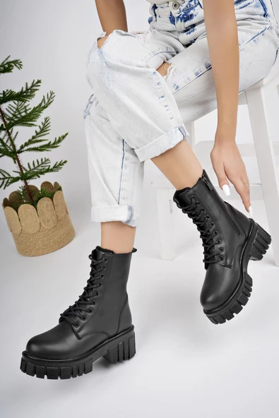 Muggo JUST Garantili Kalın Taban Fermuarlı Bağcıklı Kadın Postal Bot - 5