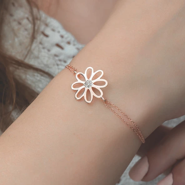 Gümüş Rose Çiçek Bayan Bileklik - 2