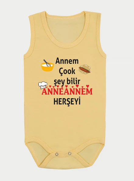 Organik %100 Pamuk Annem Çook Şey Bilir Anneannem Askılı Sarı Bebek Body Zıbın ZBN0172 SARI ZIBIN