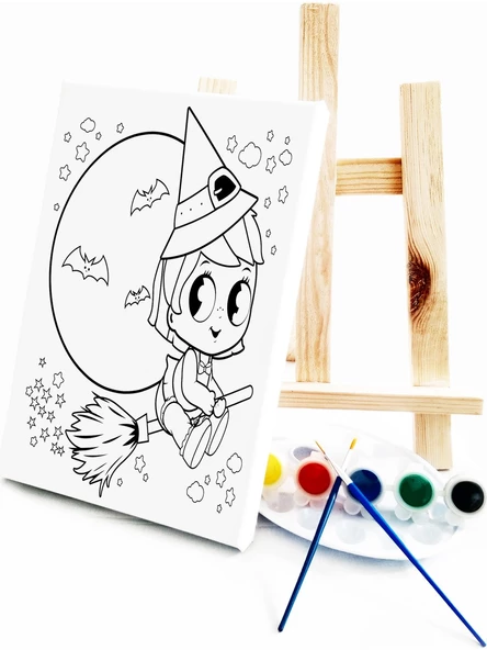 Minik Cadı Çocuk Ressam Seti 20 x 30 cm Ön Çizimli Tuval 2 Adet Fırça Palet Boyalar ve Şövale - 2