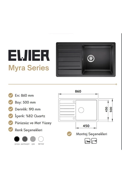 Evıer Granit Evye Myra Series Antrasite (Antrasit) - 4