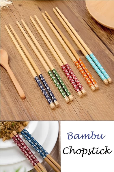 Bambu Chopstick 5 Li Desenli Yıkanabilir Çin Çubuk Suşi Ramen Noodle Yemek Çubuğu - 1