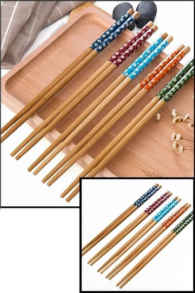 Bambu Chopstick 5 Li Desenli Yıkanabilir Çin Çubuk Suşi Ramen Noodle Yemek Çubuğu - 3