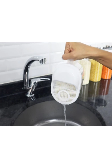 Pratik Pirinç Süzgeci 1 Litre - Yıkama, Süzme ve Ölçülü Süzgeç Beyaz - 2
