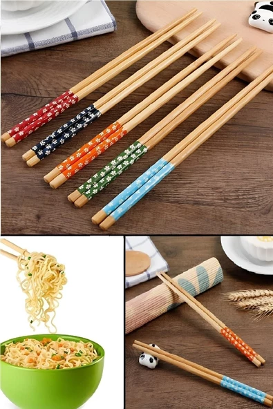Bambu Chopstick 5 Li Desenli Yıkanabilir Çin Çubuk Suşi Ramen Noodle Yemek Çubuğu - 2