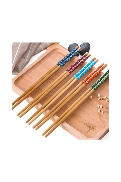 Bambu Chopstick 6 LI (12 ADET)  Desenli Yıkanabilir Çin Çubuk Suşi Ramen Noodle Yemek Çubuğu - 1