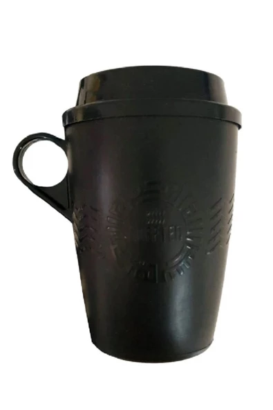 Kapaklı Taşınabilir Kulplu Desenli Kahve Ve Çay Bardağı - Plastik Kupa Bardak - Siyah 300 ml - 1