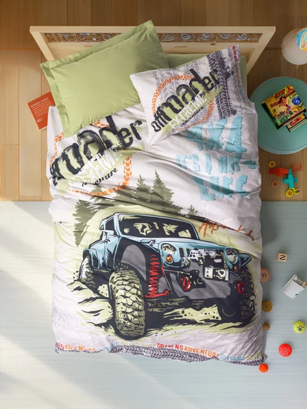 Cotton Box Junior Tek Kişilik Lastikli Çarşaflı Nevresim Takımı Adventure Yeşil