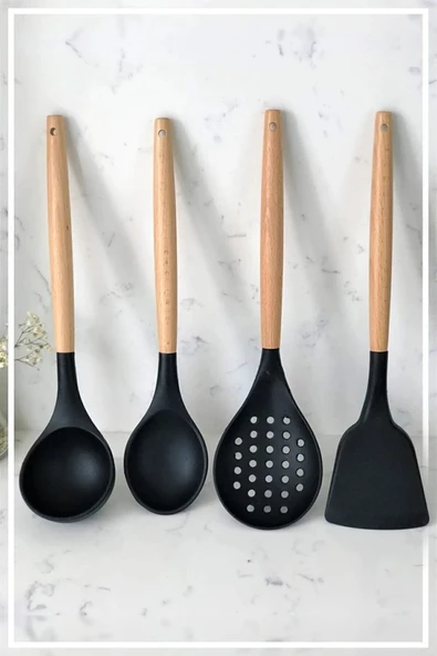 Bambu Saplı Silikon 4 Parça Mutfak Servis Seti Siyah(KEPÇE-KAŞIK-KEVGİR-SPATULA)