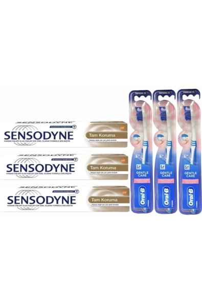 SENSODYNE SENSODYNE Tam Koruma Macun 3x75 ml + Oral-b Gentle Care Yumuşak Diş Fırçası 3 Adet