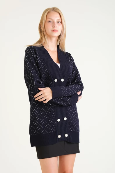 Kadın Çift Düğmeli Triko Hırka Lacivert - 3